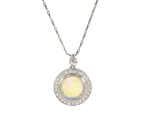 18ct white gold opal and diamond circular pendant, on 18ct white gold necklace, both hallmarked