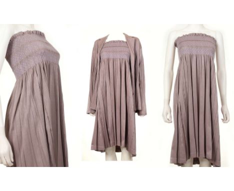 ISSEY MIYAKE OUTFIT, 1990s, shimmering lavender polyester blouse over tube dress with stitched pleated details, size 2 (2)