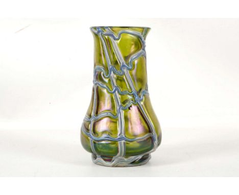 An Austrian Bohemian Palme K&ouml;nig Jugendstil period iridescent vase, applied with 'spider web' type decoration, washed wi