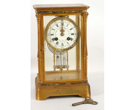 An early 20th century French Japy Freres, chiming mantle clock, 4 glass-gilt fluted columns, top to base and chapter ring wit