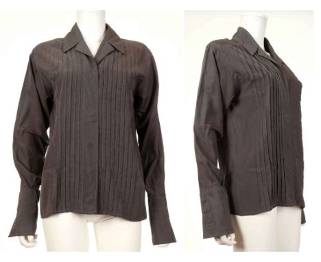 CHANEL BLOUSE, charcoal grey silk with long sleeves, no size but approx size UK 10&nbsp;