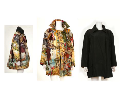 HERMES REVERSIBLE COAT, 'Columbus' printed silk to one side, plain black with two pockets to the other, single button fasteni