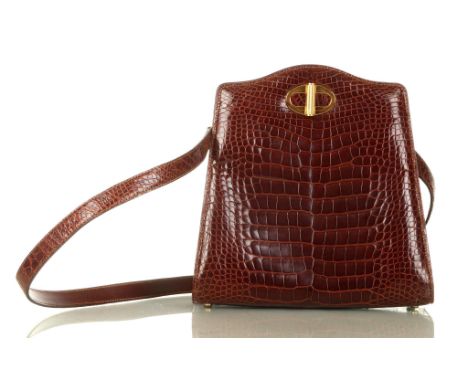 DUNHILL HANDBAG, brown crocodile leather with shoulder strap and engine turned gilt metal turn lock, 25cm x 24cm&nbsp;