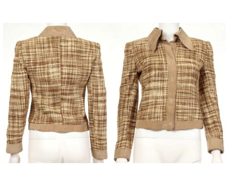 DOLCE AND GABANNA JACKET, brown silk tweed with suede collar and trim, leopard print lining, size 42