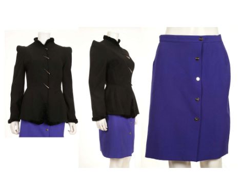 THIERRY MUGLER JACKET, 1980s, black wool with space age style elongated buttons, size 42, together with a Mugler purple butto