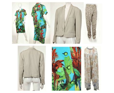 LOUIS FERAUD CLOTHING, to include a parrot-print cotton skirt and matching shirt, a linen and silk mix jacket, a pair of cott