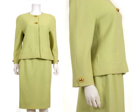 VINTAGE CELINE SKIRT SUIT,&nbsp;pale green wool with oversized round gilt buttons, size 42 (2)