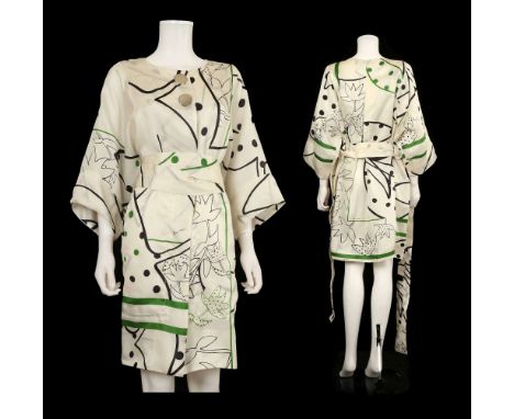 OSSIE CLARK LONDON KIMONO STYLE SHIRT DRESS, green and black printed silk, button down with waist tie, size 10, new with tags