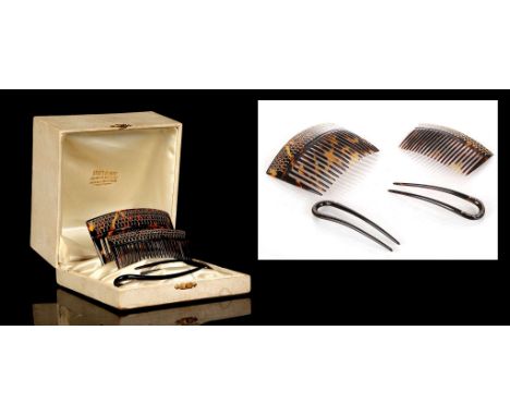 SWISS TORTOISESHELL AND GOLD PIQUE COMB SET, early 20th century, in original satin lined box