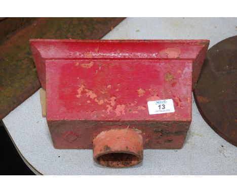 A red painted iron rain hopper, 11" wide x 5 1/2" x 5".
