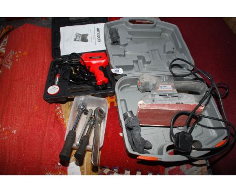 An Amtech soldering iron, Challenge Xtreme orbital sander, plus 4 ratchets 1/2" etc.