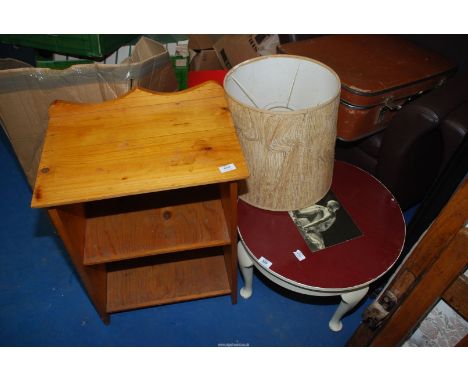 A small painted occasional table 21" x 14" high together with a shelf unit and a lamp shade.