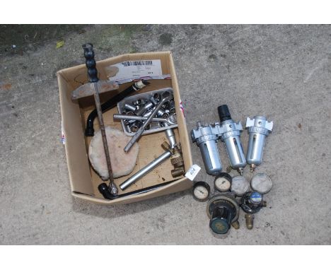 A box of sockets, ratchets, torque wrench, welding regulators, etc.
