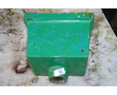 A green painted cast rain hopper, 10" wide x 7" x 7".