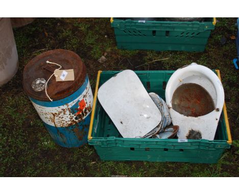 A vintage EIF 5 gallon fuel can, enamel ware, bed pan, etc.