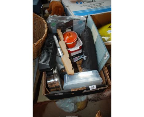 Miscellanea to include cutting boards, knife rest &amp; knives, spice tin and a speaker.