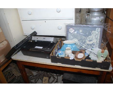 A box of miscellaneous items to include; lap tray, mixed china, HP printer, Panasonic DVD recorder, etc.