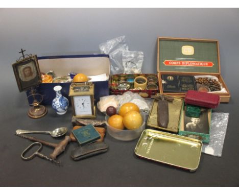Box of small items, malachite box, costume jewellery, ornaments, etc including a modern London Clock Co carriage timepiece  