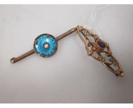 A 9ct Edwardian amethyst and pearl brooch, hallmarked Chester 1910, together with a turquoise blue and white enamel and pearl