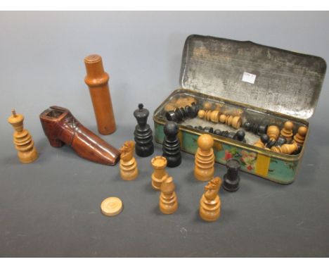 A treen shoe snuff box, a Mauchline bottle container and a part chess set  