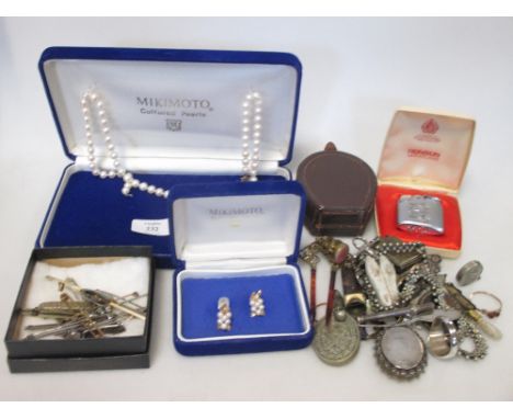 A pearl necklace with 9ct clasp and a pair of pearl cluster and yellow metal earrings, together with a quantity of silver and