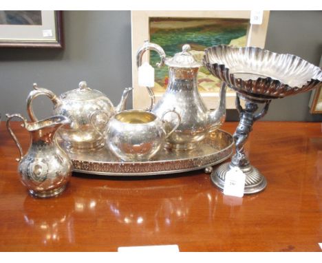 A WMF silver plated fruit stand and a four piece plated tea service and other items  