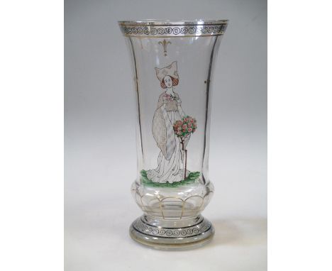 An early 20th century Austro/German enamelled glass vase decorated with a maiden and roses, 24cm high  