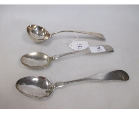 Two American silver spoons, one by Lows, Ball & Co, Boston circa 1820's the other unmarked and a George III silver sauce ladl