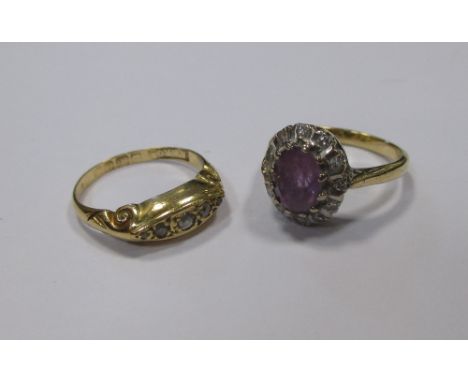 An 18ct five stone diamond ring and an amethyst and diamond ring, the diamond ring of navette form with scrolled shoulders an