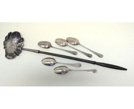 A George III silver punch ladle, by N S & A N, London 1766, the oval lobed bowl embossed with flowers, with turned wooden han