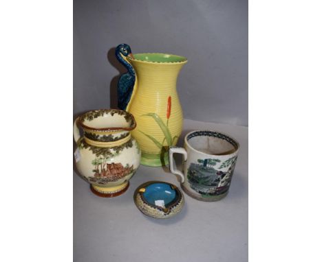 A Burleigh ware ribbed fox and heron vase, a Royal Doulton series ware jug, a Victorian transfer printed mug and modern clois