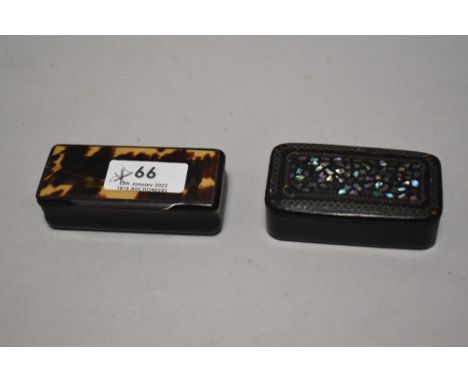 Two antique snuff cases or boxes including a carved horn and shell design and a micro mosaic mother of pearl inlayed design.