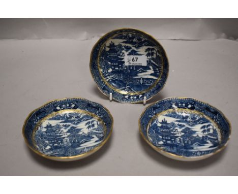 Three antique Caughley ware deep dished saucers with a Chinese temple design. All three in good condition no chips or breaks.