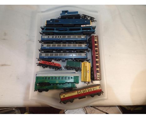 OO scale, class 37 and 0.40 shunter, BR blue, plus Motorail transporter, coaches, wagons etc, all fair/good condition. UK P&a