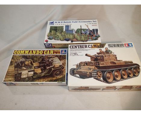 Three 1/35 scale military related kits, Tamiya Centaur cruiser tank, Italeri commando car, and Bronco field accessory set, ap