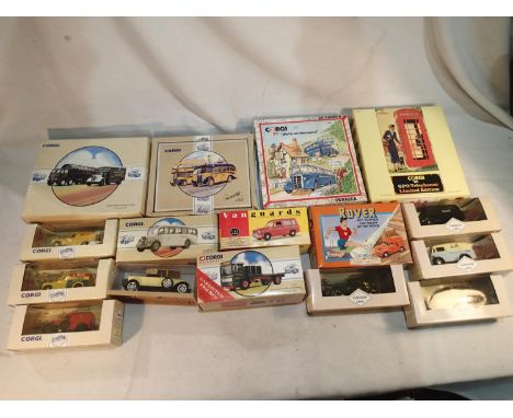 Sixteen Corgi Classics vehicles, buses, vans, commercials etc, mostly excellent condition, some ex display, wear to boxes. UK