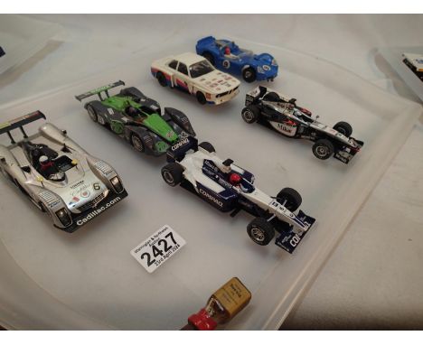 Six Hornby 1/32 scale slot cars, various types, all unboxed, mostly very good to excellent condition. UK P&amp;P Group 2 (£20