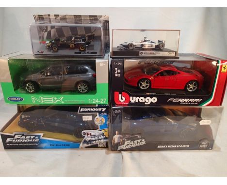 Two Fast and Furious 1/24 scale Nissan GT-R cars, plus five Welly BMW and Ferrari 458 (Burago), both 1/24 scale, also two 1/4