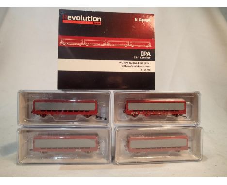 N gauge Revolution trains, N-IPA-261A 1/2/3/4, I.P.A quad car carrier set with roof and side screens, STVA red, near mint con
