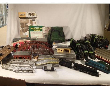 OO scale model railway items including two locomotives, four coaches, two wagons, plus buildings, controller, track, points, 