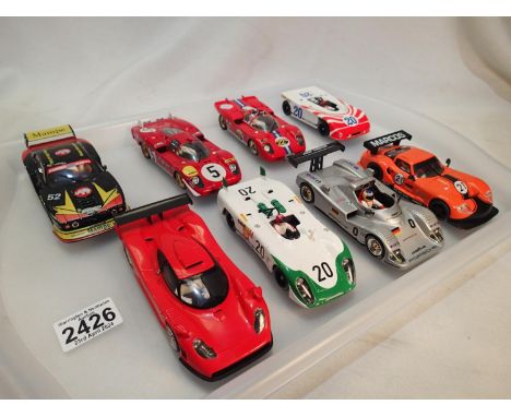 Eight Fly 1/32 scale slot cars, various types, all unboxed, mostly very good to excellent condition. UK P&amp;P Group 2 (£20+