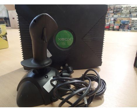 Unboxed Xbox console, Logic 3 star fighter joystick, power cable present. UK P&amp;P Group 3 (£30+VAT for the first lot and £