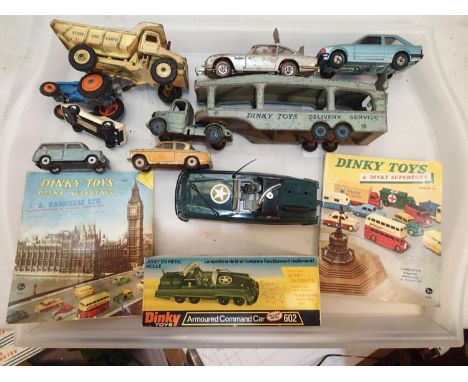 Dinky Toys 602 armoured command car, boxed, plus other playworn diecast and two Dinky Toys catalogues for 1957 and 1958. UK P