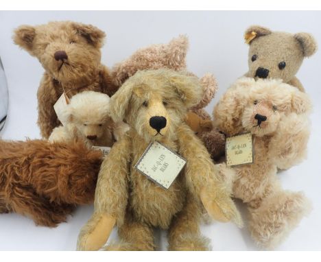 Eight bears from Jac-Q-Lyn, Butlers, Daydream, Bears by Nicki with tags attached, stitch down noses and jointed at limbs. App
