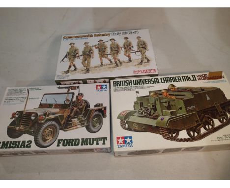 Three 1/35 scale military related kits, Tamiya Universal Carrier MKII, Tamiya Ford Mutt, and Dragon Commonwealth infantry fig