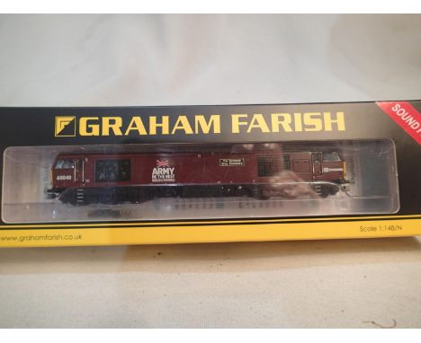 N gauge Graham Farish 371-361 SF class 60 diesel, 60040, The Territorial Army Centenary, maroon, D.B Schenker, factory fitted