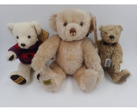 3 Merrythought bears to include, Yes No, with tag attached, stitch down nose and jointed at limbs. Approx. 40cm (H). UK P&amp