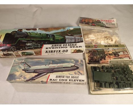 Four Airfix plastic kits, 1/144 scale B.A.C One Eleven, 1/72 scale Matador and Gun, 1/72 scale Scammell Scarab, and 1/72 scal