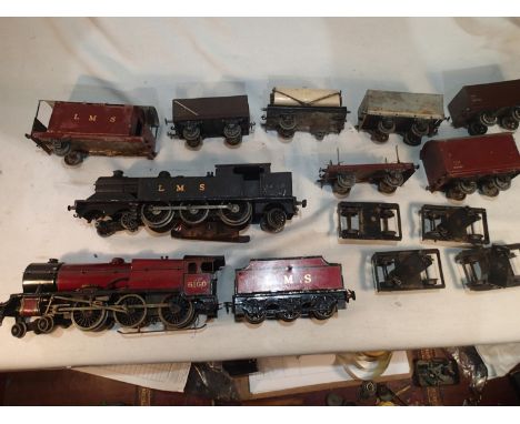O gauge Bassett Locke electric Royal Scot LMS Red, also 4.6.2 tank LMS Black 1418 electric, plus seven wagons, four bogies, f