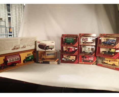 Twelve boxed diecast vehicles, including nine Matchbox Yesteryears, three Corgi classics including Transport of the Thirties 